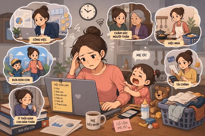 Sự giằng co giữa trách nhiệm gia đình và áp lực sự nghiệp khiến nhiều người mẹ rơi vào trạng thái kiệt sức. Ảnh: AI