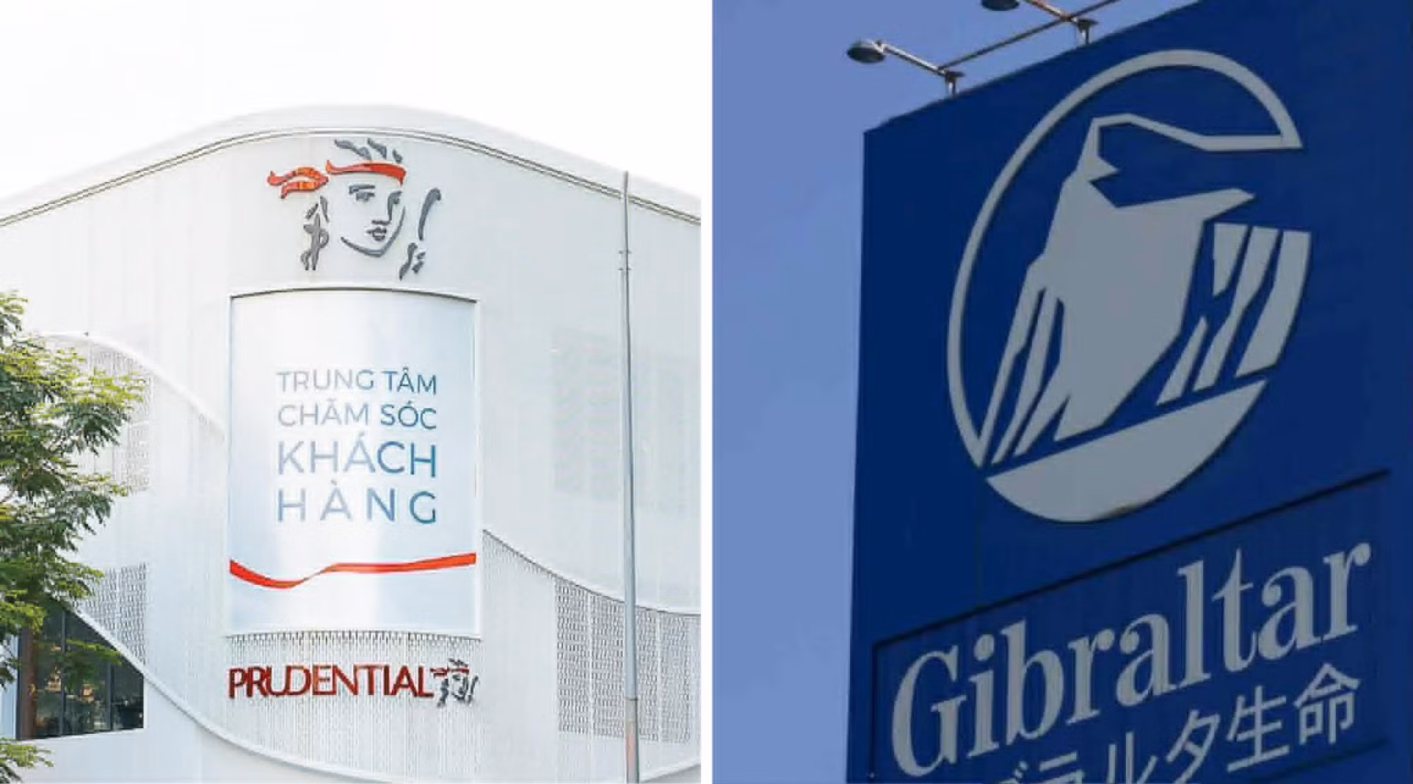 Logo Prudential Việt Nam (bên trái – có hình mặt nữ thần) phổ biến tại Việt Nam, khác biệt hoàn toàn với logo Prudential Life Insurance tại Nhật Bản (hình ngọn núi).