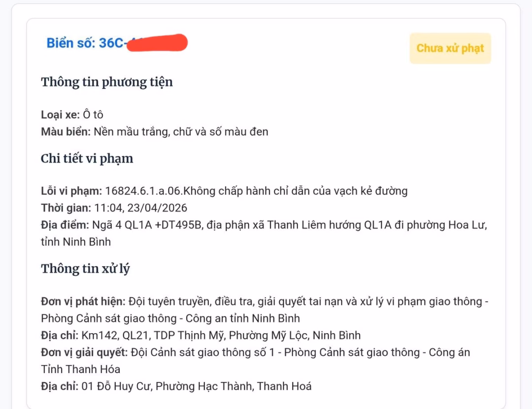 Thông tin chi tiết về thời gian, địa điểm và hành vi vi phạm được hiển thị minh bạch trong thông báo phạt